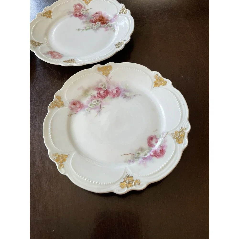 Set Of 4 Piece Saucer Set. Gold Details. Pink, Purple, Green And Brown.